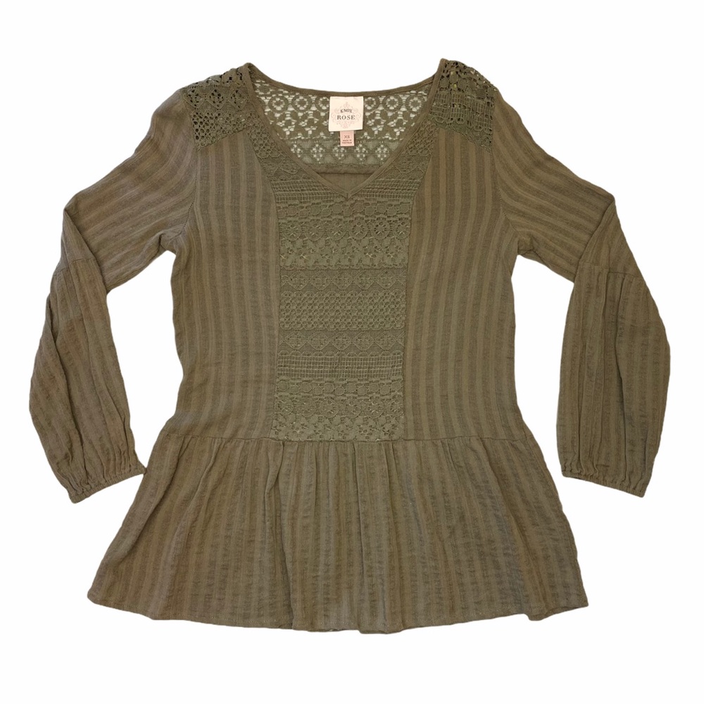 Knox Rose Olive Green Long Sleeve Crochet Blouse - Picture 2 of 16